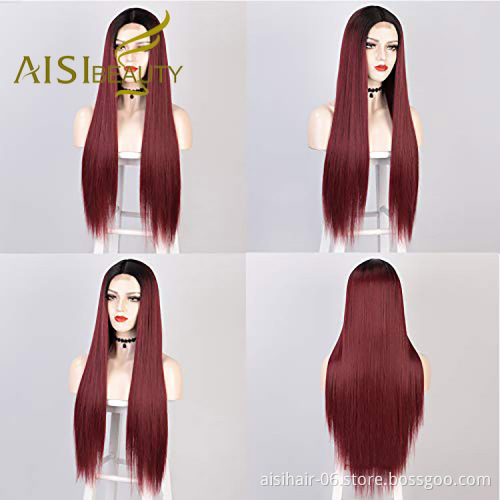 Aisi Beauty Vendor Cheap Party 26 Inch Long Straight Ombre Red Wig Swiss Lace Synthetic Hair For Black Women Lace Front Wig